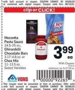 Mezzetta Pasta Sauce 24.5-25 oz., Ghirardelli Chocolate Bars 3.17-4.8 oz. or Chex Mix 11-13.5 oz. - Select Varieties