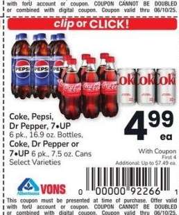 Coke, Pepsi, Dr Pepper, 7 • UP 6 pk., 16.9 oz. Bottles, Coke, Dr Pepper or 7 • UP 6 pk., 7.5 oz. Cans - Select Varieties