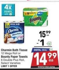 Charmin Bath Tissue 12 Mega Roll or Bounty Paper Towels 6 Double Plus Roll - Select Varieties