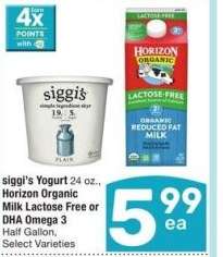 siggi's Yogurt 24 oz., Horizon Organic Milk Lactose Free or DHA Omega 3 Half Gallon - Select Varieties