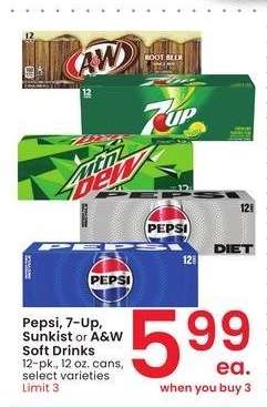 Pepsi, 7-Up, Sunkist or A & W Soft Drinks - 12 - pk., 12 oz. cans, select varieties