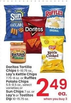Doritos Tortilla Chips 6-10.75 oz., Lay's Kettle Chips 7.75-8 oz. or Ruffles Potato Chips 5.5-8.5 oz., or Sun Chips 7 oz. or Lay's or Tostitos Dip 10-15.75 oz. - select varieties