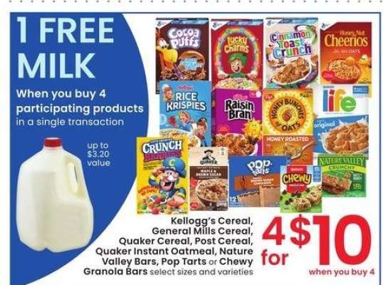 Kellogg's Cereal, General Mills Cereal, Quaker Cereal, Post Cereal, Quaker Instant Oatmeal, Nature Valley Bars, Pop Tarts or Chewy Granola Bars - select sizes and varieties