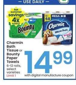 Charmin Bath Tissue or Bounty Paper Towels - 6-12 rolls, select varieties