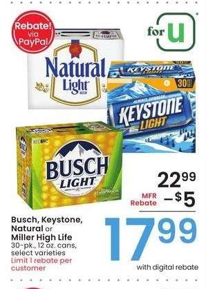 Busch, Keystone, Natural or Miller High Life - 30-pk., 12 oz. cans, select varieties