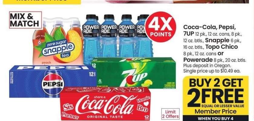 Coca-Cola, Pepsi, 7UP 12 pk., 12 oz. cans, 8 pk., 12 oz. btls., Snapple 6 pk., 16 oz. btls., Topo Chico 8 pk., 12 oz. cans or Powerade 8 pk., 20 oz. btls. - MIX & MATCH

Single price up to $10.49 ea.