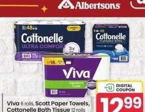 Viva 6 rolls, Scott Paper Towels, Cottonelle Bath Tissue 12 rolls or Flushable Wipes 8-42 ct. - Selected varieties.