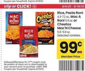 Rice, Pasta Roni 4.3-7.2 oz., Mac A Roni 5.9 oz. or Cheetos Mac'N Cheese 5.6-5.9 oz. - Selected varieties.