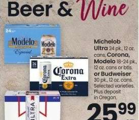 Michelob Ultra 24 pk., 12 oz. cans, Corona, Modelo 18-24 pk., 12 oz. cans or btls. or Budweiser 30 pk., 12 oz. cans. - Selected varieties.