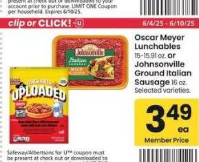 Oscar Meyer Lunchables 15-15.91 oz. or Johnsonville Ground Italian Sausage 16 oz. - Selected varieties.