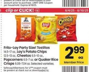 Frito-Lay Party Size! Tostitos 14.5-17 oz., Lay's Potato Chips 12.5-13 oz., Cheetos 6.5-10 oz., Popcorners 6.5-7 oz. or Quaker Rice Crisps 6.06-7.04 oz. - Selected varieties.