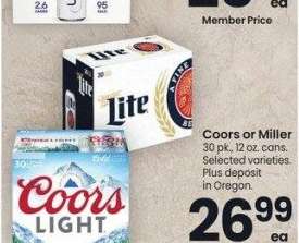 Coors or Miller - 30 pk., 12 oz. cans. Selected varieties.