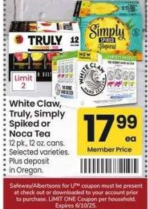 White Claw, Truly, Simply Spiked or Noca Tea - 12 pk., 12 oz. cans. Selected varieties.