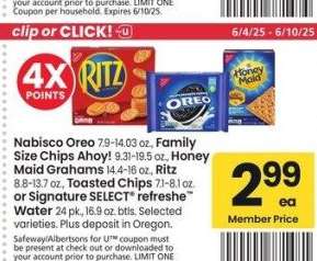 Nabisco Oreo 7.9-14.03 oz., Family Size Chips Ahoy! 9.31-19.5 oz., Honey Maid Grahams 14.4-16 oz., Ritz 8.8-13.7 oz., Toasted Chips 7.1-8.1 oz. or Signature SELECT® refreshe™ Water 24 pk., 16.9 oz. btls. - Selected varieties.
