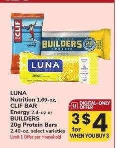 LUNA Nutrition 1.69-oz, CLIF BAR Energy 2.4-oz or BUILDERS 20g Protein Bars 2.40-oz - select varieties