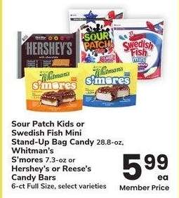 Sour Patch Kids or Swedish Fish Mini Stand-Up Bag Candy 28.8-oz, Whitman's S'mores 7.3-oz or Hershey's or Reese's Candy Bars 6-ct Full Size - select varieties