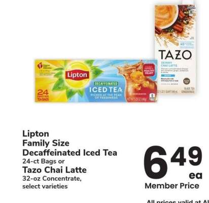 Lipton Family Size Decaffeinated Iced Tea 24-ct Bags or Tazo Chai Latte 32-oz Concentrate - select varieties