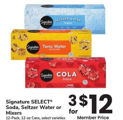 Signature SELECT® Soda, Seltzer Water or Mixers - 12 - Pack, 12 - oz Cans, select varieties