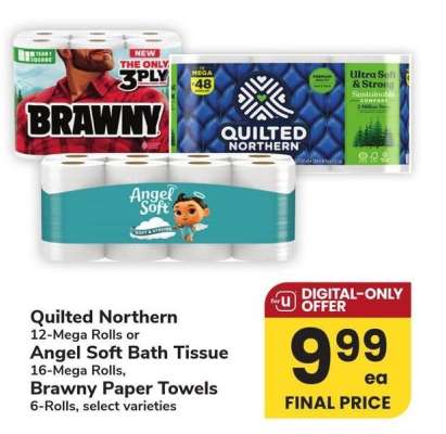 Quilted Northern 12-Mega Rolls or Angel Soft Bath Tissue 16-Mega Rolls, Brawny Paper Towels 6-Rolls - select varieties