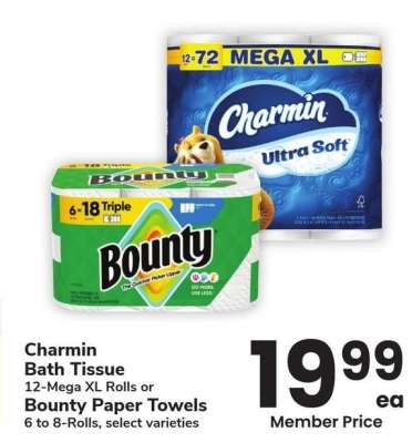 Charmin Bath Tissue 12-Mega XL Rolls or Bounty Paper Towels 6 to 8-Rolls - select varieties