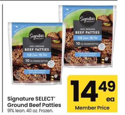 Signature SELECT® Ground Beef Patties - 91% lean. 40 oz. Frozen.
