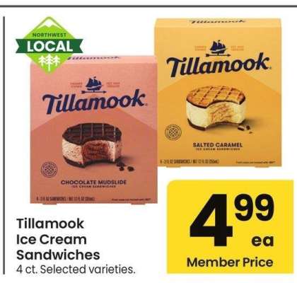 Tillamook Ice Cream Sandwiches - 4 ct. Selected varieties.