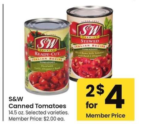 S&W Canned Tomatoes - 14.5 oz. Selected varieties. Member Price: $2.00 ea.