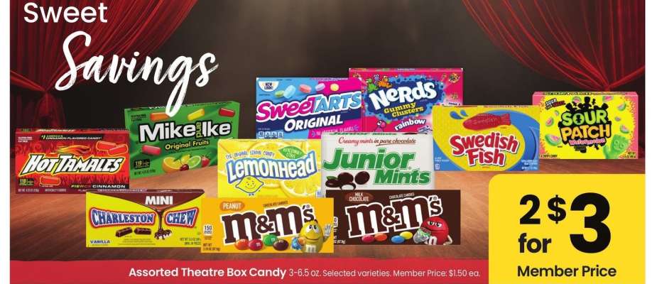 Assorted Theatre Box Candy - 3-6.5 oz. Selected varieties. Member Price: $1.50 ea.