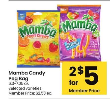 Mamba Candy Peg Bag - 6.3-7.05 oz. Selected varieties. Member Price: $2.50 ea.