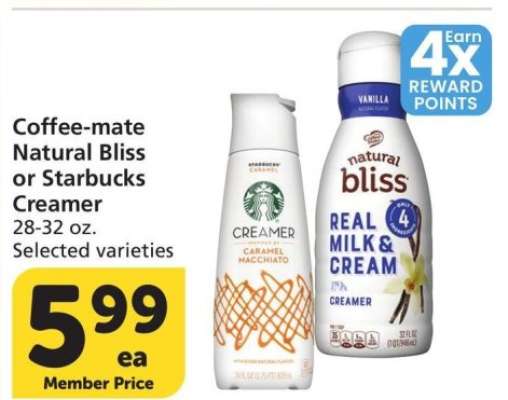Coffee-Mate Natural Bliss or Starbucks Creamer - 28-32 oz. Selected varieties