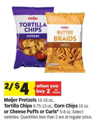 Meijer Pretzels, Tortilla Chips, Corn Chips, Cheese Puffs or Curls