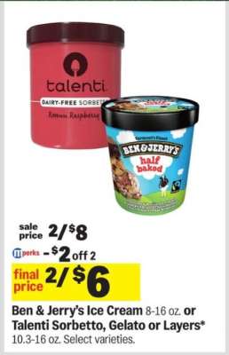 Ben & Jerry’s Ice Cream or Talenti Sorbetto, Gelato or Layers