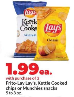 Frito-Lay Lay's, Kettle Cooked chips or Munchies snacks