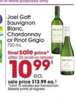 Joel Gott Sauvignon Blanc, Chardonnay or Pinot Grigio
