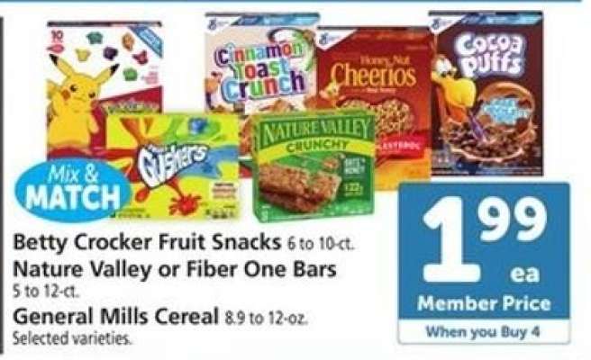 Betty Crocker Fruit Snacks, Nature Valley or Fiber One Bars, General Mills Cereal