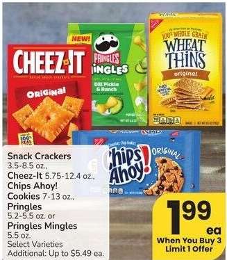 Snack Crackers 3.5-8.5 oz., Cheez-It 5.75-12.4 oz., Chips Ahoy! Cookies 7-13 oz., Pringles 5.2-5.5 oz. or Pringles Mingles 5.5 oz. - Select Varieties