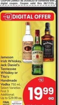 Jameson Irish Whiskey, Jack Daniel's Tennessee Whiskey or Tito's Handmade Vodka - 750 ml. Select Varieties
