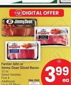 Farmer John or Jimmy Dean Sliced Bacon - 12 oz. Select Varieties