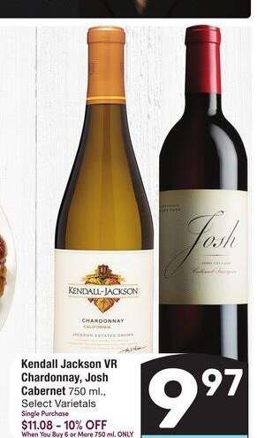 Kendall Jackson VR Chardonnay, Josh Cabernet - 750 ml.,
Select Varietals

Single Purchase
$11.08 - 10% OFF
When You Buy 6 or More 750 ml. ONLY