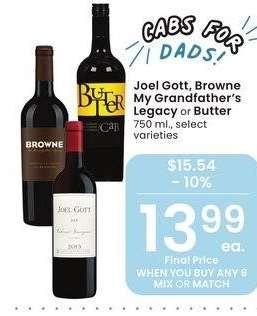 Joel Gott, Browne My Grandfather's Legacy or Butter - 750 ml., select varieties