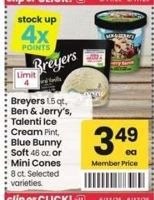Breyers 1.5 qt., Ben & Jerry's, Talenti Ice Cream Pint, Blue Bunny Soft 46 oz. or Mini Cones 8 ct. - Selected varieties.