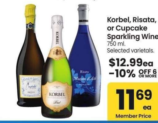 Korbel, Risata, or Cupcake Sparkling Wine - 750 ml. Selected varietals.