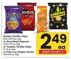 Doritos Tortilla Chips or Smartfood Popcorn or Tostitos Tortilla Chips or Frito-Lay Simply Snacks