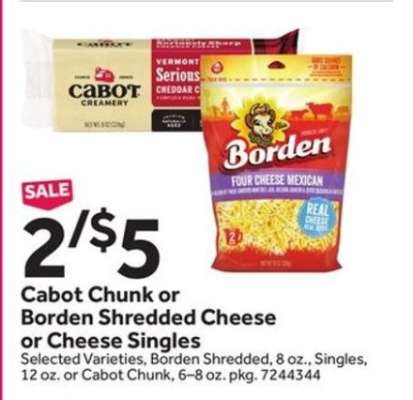 Cabot Chunk or Borden Shredded Cheese or Cheese Singles