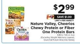 Nature Valley, Cheerios Chewy Protein or Fiber One Protein Bars