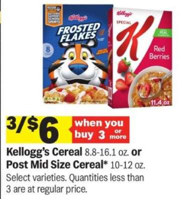 Kellogg's Cereal or Post Mid Size Cereal