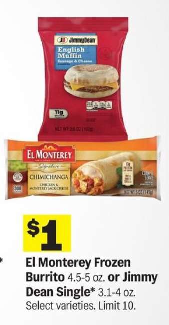 El Monterey Frozen Burrito or Jimmy Dean Single