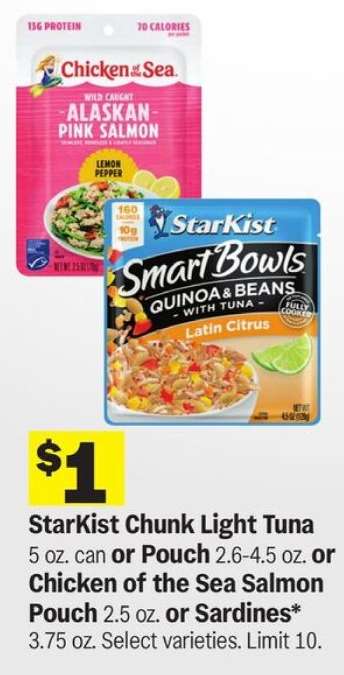 StarKist Chunk Light Tuna or Chicken of the Sea Salmon Pouch or Sardines
