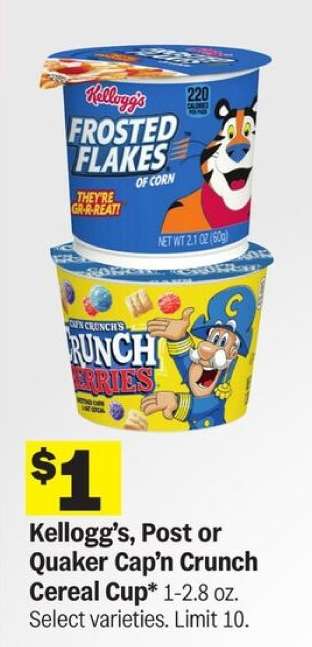 Kellogg’s, Post or Quaker Cap’n Crunch Cereal Cup