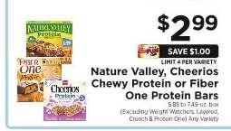 Nature Valley, Cheerios Chewy Protein or Fiber One Protein Bars